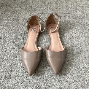 Taupe pointed toe ankle strap flats